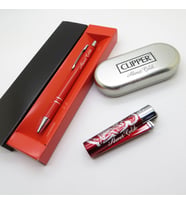 Clipper® Desenli Kırmızı Beyaz Kişiye Özel Çakmak ve Kalem Seti Hediyelik Çakmak