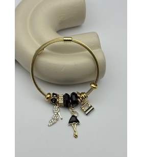 Çelik Gold Taşlı Topuklu Ayakkabı Kadın Figürlü Siyah Charmlı Pandora Bileklik - 26blk34