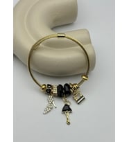 Çelik Gold Taşlı Topuklu Ayakkabı Kadın Figürlü Siyah Charmlı Pandora Bileklik - 26blk34