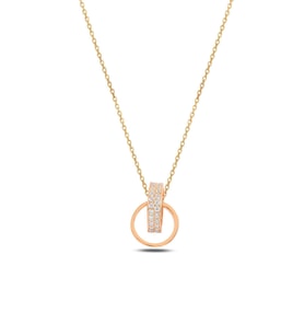 Zirkon Taşlı Rose Renk Çift Yüzük Model Kadın Gümüş Kolye Gklcftyzkm1-ros