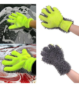 Çift Taraflı Mikrofiber Şönil Tüylü 5 Parmaklı Araba Oto Yıkama Temizlik Eldiveni Yeşil Gri