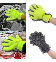 Çift Taraflı Mikrofiber Şönil Tüylü 5 Parmaklı Araba Oto Yıkama Temizlik Eldiveni Yeşil Gri