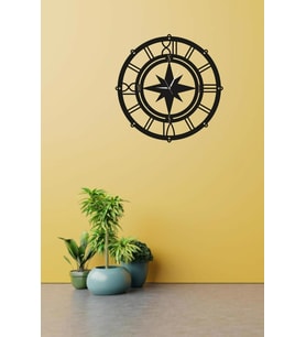 Pusula Temalı Duvar Saati Ahşap Pusula Duvar Saati 40 cm x 40 cm (Siyah)