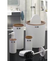 Beyaz Ahşap Desenli Çizgili Yuvarlak 5'li Estetik Banyo Seti (Şeffaf)