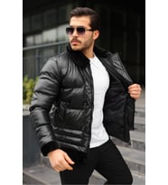 Exclusive Düğme Detaylı Tasarım Deri Şişme Mont (Siyah)