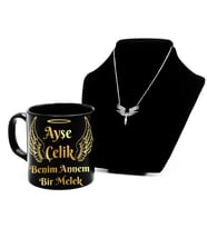 Anneler Gününe Özel Gold-Gümüş Baskılı Siyah Kupa Bardak & Gümüş Mikail Kolye Hediye Seti (Model 2)