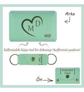 Açık Yeşil, Sevgilinizin İsmini ve Harfini Kalbin İçine İşleyin! Kişiye Özel Cüzdan & Anahtarlık Set