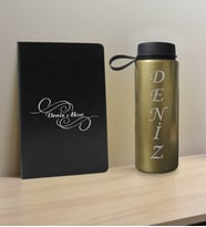 BK Gift Kişiye Özel İsimli Siyah Defter ve Gold Cam Matara Hediye Seti-3, Sevgiliye Hediye, Arkadaşa Hediye, Yeni İş Hediyesi
