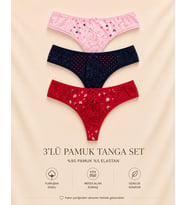 Intive Comfort Desenli Dantel Detaylı Lacivert/Pembe/Kırmızı 3'lü Tanga/Brazilian Set