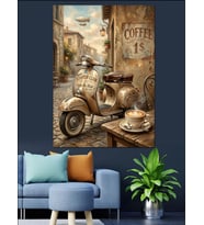 Nostaljik Kafe Önünde Klasik Motor Dekoratif Kanvas - Mdf Ahşap Tablo