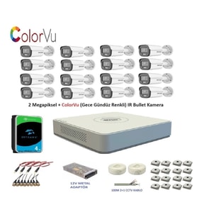 Hikvision 2mp 16 kameralı Dış ortam AHD HD-TVI ColorVu Gece Renkli Kamera Seti 4TB Disk