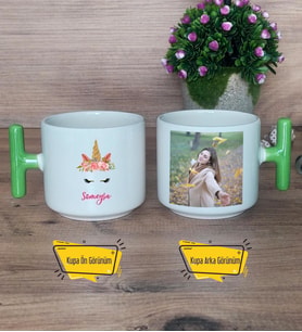 Unicorn Kupa Bardak Fotoğraflı T Yeşil Kulplu Arkadaşa Kız Kardeşe Hediye