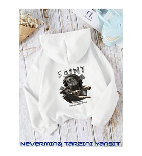Unisex Saint Nevermind Slogan Baskılı Oversize Baskılı Kapşonlu Sweatshirt 3 Iplik (Beyaz)