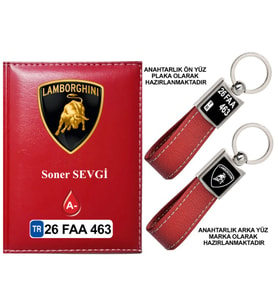 Plakanıza Özel Lamborghını Logolu Kırmızı Ruhsat Kabı ve Anahtarlık
