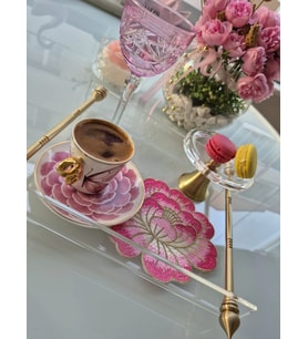 2 Adet Pembe Gül Nakışlı Sunum ve Kokteyl Peçetesi 14x13cm