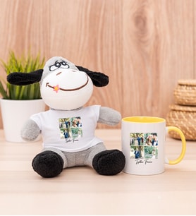 Kişiye Özel Dört Fotoğraflı Kupa Bardak Peluş Eşek ve Sarı Kupa