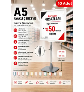 10 Adet - A5 Ayaklı Çerçeve Seti Plastik Ördek Ayak Teleskopik Borulu Fiyat Etiketliği Yönlendirme Levhası Menü Panosu Beyaz