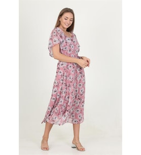 Neşeli butik kadın madonna yaka kuşaklı desenli şifon elbise RY10037 (Pudra)