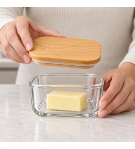 Bambu Kapaklı Borosilikat Cam Kavanoz 10 × 6 cm, Kare Formlu Şeffaf Tereyağlık, Kahvaltılık ve Kuru Gıda Saklama Kabı, Mutfak Düzenleyici, 1 Adet