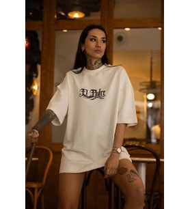 Unisex Bisiklet Yaka Baskılı Oversize T-Shirt - Beyaz