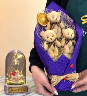 Peluş Ayıcık Buketi ve Kişiye Özel Led Işıklı Unicornlu Fanus