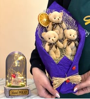 Peluş Ayıcık Buketi ve Kişiye Özel Led Işıklı Unicornlu Fanus