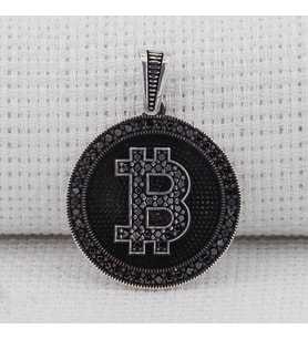 925 Ayar Gümüş Bitcoin B Harf Kolye Ucu (Siyah)