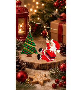 Miyuki Boncuk El Yapımı Noel Baba Ve Çam Ağacı Küpe Yılbaşı Christmas Noel