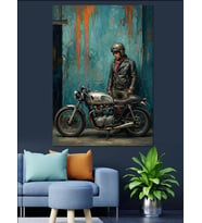Klasik Motosikleti Yanında Duran Adam Dekoratif Kanvas - Mdf Ahşap Tablo