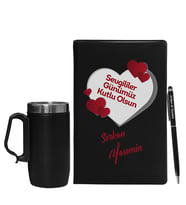 Sevgililer Gününe Özel Siyah Defter Kalem & Termos Mug Hediye Seti 6