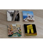 Eyfel Kulesi Santorini Venedik ve Zafer Takı Doğal Taş Bardak Altlığı 4'lü set - Natural Stone Coasters