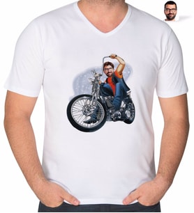 BK Gift Kişiye Özel Erkek Motorcu Karikatürlü V Yaka Tişört-5 (Beyaz)