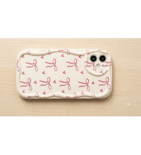 iPhone 11 Dalgalı Kenarlı Fiyonk Desenli Kılıf (Krem Pembe)