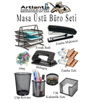 Masa Üstü Ofis Paketi 9 Parça Metal Evrak Rafı Metal Kalemlik Zımba Makinesi Teli Delegeç Çöp Kovası Küp Notluk