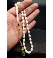 Altın Kaplama 1000 Ayar Gümüş Kazaz Kamçılı 7x11mm Deve Kemiği Tesbih (Beyaz)