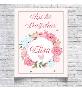 PEMBE ÇİÇEKLİ DOĞUM GÜNÜ AFİŞİ