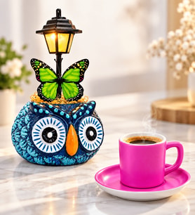 Pembe Seramik Kahve Fincanı ve Sevimli Mavi Baykuş Masa Lambası Hediye Seti