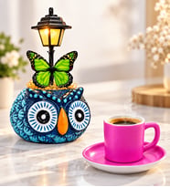 Pembe Seramik Kahve Fincanı ve Sevimli Mavi Baykuş Masa Lambası Hediye Seti