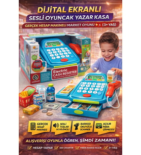 Dijital Ekranlı Sesli Oyuncak Yazar Kasa Gerçek Hesap Makineli Market Oyunu