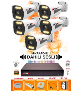 FURY 5 li Sesli 6 Warm Led Gece Renkli Görüş Su Geçirmez Güvenlik Kamerası Seti 250GB