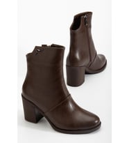 Kahverengi Kadın Topuklu Bot Termo Taban Kalın Topuklu Suni Deri Yüzü Parçalı