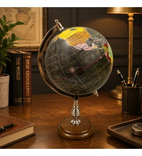 Dekoratif Dünya Küresi Ahşap Tabanlı Gold Detaylı Vintage Masaüstü Globe