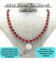 SERTİFİKALI Kişiye Özel Kırmızı Akik Taşı Harfli Kolye  Çelik Doğal Taş Kolye 45 cm+ Uzatma Zinciri (Koyu Kırmızı)