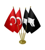 Masa Üstü Siyah Göktürk Bayrağı Türk Bayrağı Dörtlü Pirinç Direk Masa Bayrak Seti