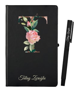 Yılbaşı Hediyesi Kişiye Özel Siyah Defter ve Siyah Roller Kalem Seti