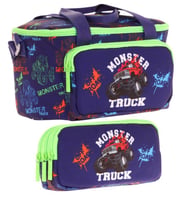 Kaukko (L7279+L8279) Beslenme Çantası (Isı Yalıtımlı) ve Kalem Çantası (Üç Bölme) Seti - Erkek Çocuk - Yeşil Lacivert Monster Truck