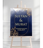 Söz Nişan Düğün İçin 50x70 Karşılama Panosu - Mavi ve Altın Çiçek Tasarımlı