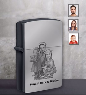 Kişiye Özel Yılbaşı Aile Karikatürlü Siyah Benzinli Çakmak Model-2