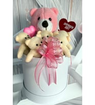 Anneler Gününe ÖZEL: Premium Özel Hediye Kutusunda  25 cm Pembe Ayıcık ve  5 adet Krem Peluş Minik Ayıcık Buketi (Kırmızı)