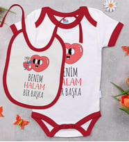 BK Kids Benim Halam Bir Başka Tasarımlı Kırmızı Bebek Body Zıbın ve Mama Önlüğü Hediye Seti-1